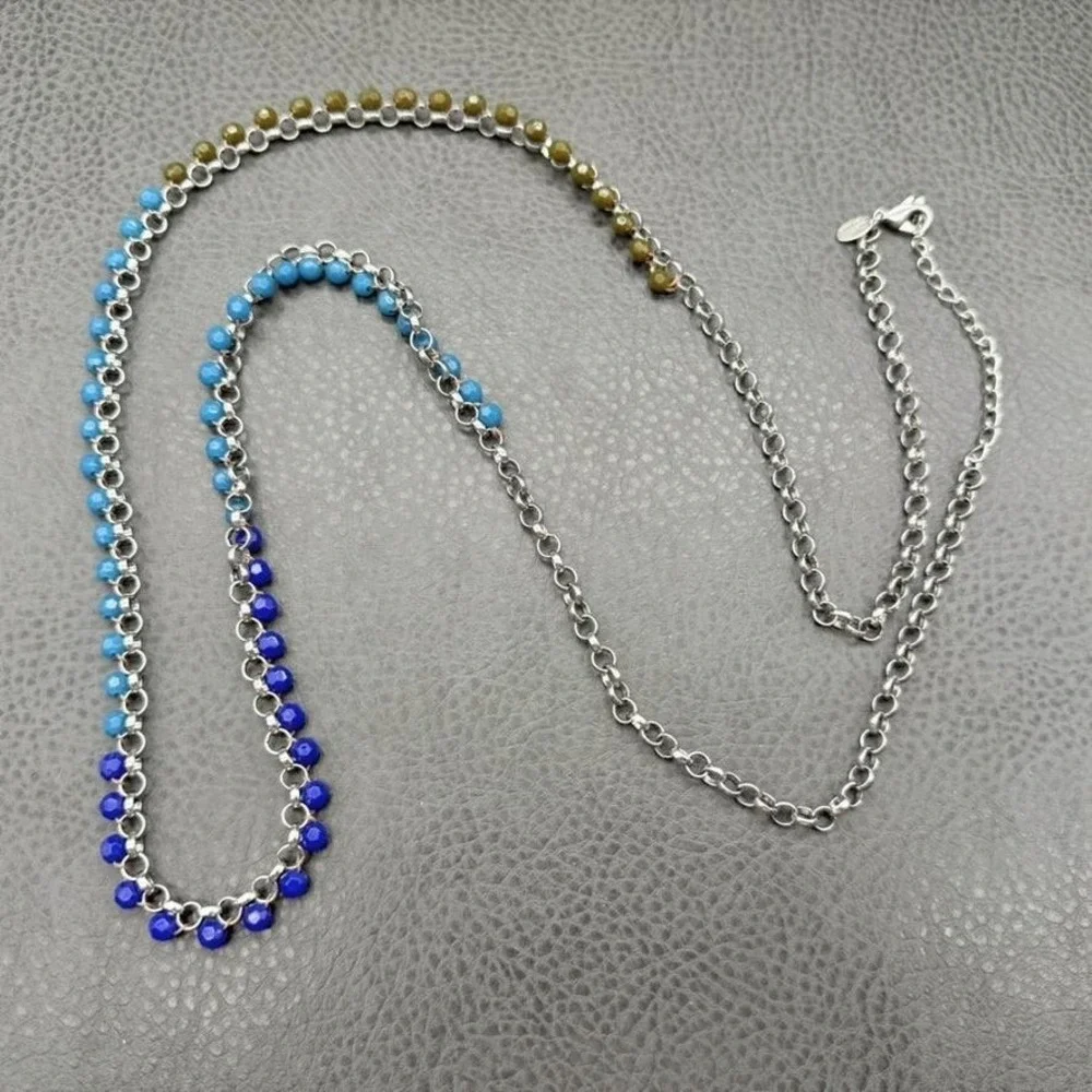 Lia Sophia Beaded Chain Necklace Silver Tone Blue Brown Faceted Beads 36 Inch